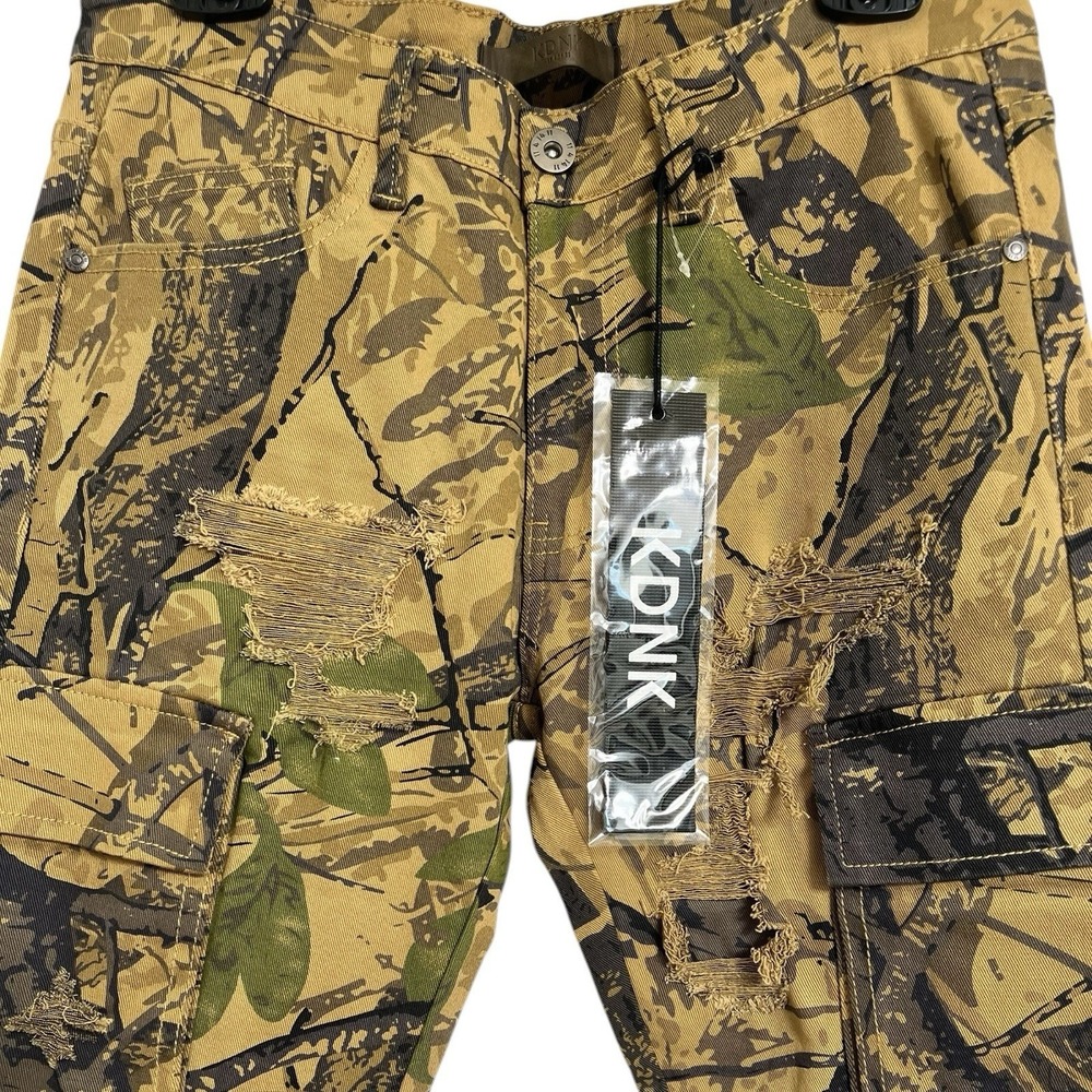 KDNK Mens Forest Camo Brown Pants 32/31.5 Skinny Ripped Patches Outdoor Jeans - Picture 3 of 16